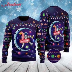 Funny Astronauts Sit On Flamingo Floats In Space With The Planet Ugly Christmas Sweater, Funny Sweaters For Guys  Wear L