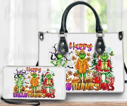 Happy Hallothanksmas Coffee Grinch Christmas Leather Bag Wallet, Grinchmas Shoulder Bag, Grinch Handbag