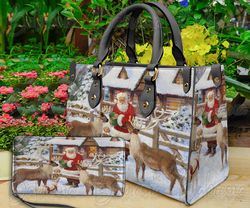Santa Claus And Reindeer Leather Bag Handbag, Christmas Women Bag and Purse, Christmas Gift