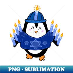 cute hanukkah penguin dressed as a menorah on a blue backdrop made by endlessemporium - retro png sublimation digital download - stunning sublimation graphics