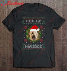 Feliz Navidog Briard Dog Santa Hat Funny Ugly Christmas Gift Shirt, Short Sleeve Womens Christmas Shirts  Wear Love, Sha