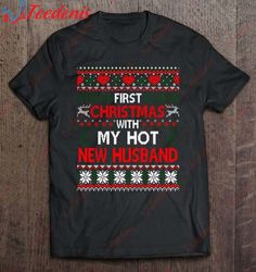First Christmas With My Hot New Husband Matching Couple Shirt, Funny Christmas Shirts Family Cheap