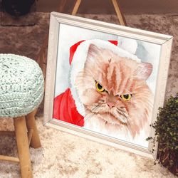 Cute Angry Christmas Cat In a Santa Claus hood Watercolor Painting, Original Watercolour Art Print
