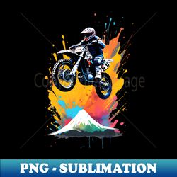 Motorcyclist in colored splashes against the backdrop of a mountain - PNG Transparent Sublimation File - Revolutionize Your Designs
