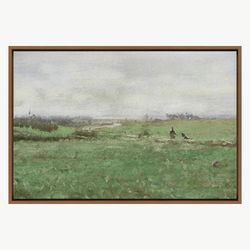 Oil Painting Green Fields with Farmers Landscape Canvas Art, Frame Large Wall Art, Green Art, Vintage Art, Minimalist Ar