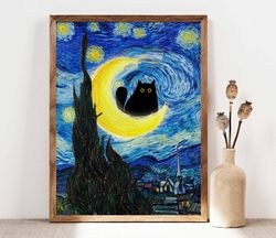 Vincent Van Gogh's The Starry Night Cat Print, Van Gogh Cat Poster, Black Cat Art, Funny Cat print, Funny gift, Home dec