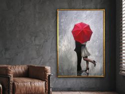 couple hugging canvas art, woman with umbrella canvas print, couple canvas painting, wall art canvas design, framed canv