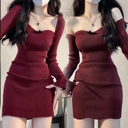 knitted dress square collar christmas red knitted skirt autumn and winter underlay skirt knitted wrap hip skirt