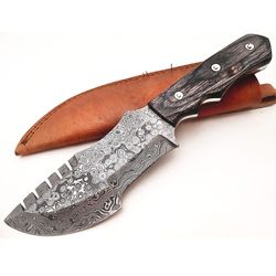 Damascus HandForged steel knife with top spaced serrated blade dual sides