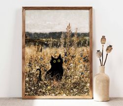 Black Cat Print, Funny Cat Poster, Cat Art, Wildflower Field Cat Wall Art, Botanical Funny Cat print, Funny gift, Cat in