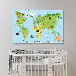 Animals And Continents World Map English Educational Material Roll Up Canvas, Stretched Canvas Art, Framed Wall Art Pain