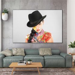 Black Hat Flower Tattoo Woman Model Woman Roll Up Canvas, Stretched Canvas Art, Framed Wall Art Painting-1
