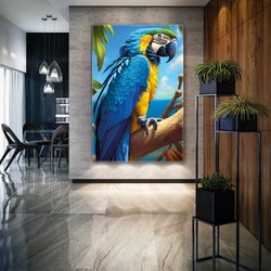 Blue and Yellow Macaw Troric Animal Roll Up Canvas, Stretched Canvas Art, Framed Wall Art Painting