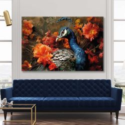 Blue Peacock Elegant Animal in Red Flowers Roll Up Canvas, Stretched Canvas Art, Framed Wall Art Painting-2