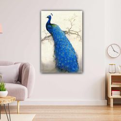 Blue Peacock Standing Branch With Oil Painting Effect Animal Roll Up Canvas, Stretched Canvas Art, Framed Wall Art Paint