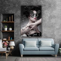 Butterfly Eyed Woman Model Mask Woman Roll Up Canvas, Stretched Canvas Art, Framed Wall Art Painting