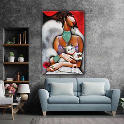 Cat Woman Red Hat Abstract Modern Decorative Roll Up Canvas, Stretched Canvas Art, Framed Wall Art Painting