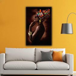 African Woman Gold Studded Gold Bracelet Earring Woman Scarf Ethnic Dress Roll Up Canvas, Stretched Canvas Art, Framed W