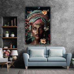 African Woman with Colorful Floral Feathers Roll Up Canvas, Stretched Canvas Art, Framed Wall Art Painting