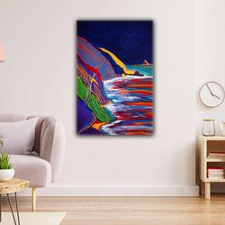 Beach Nature Seascape with Oil Painting Effect Neon Lights Roll Up Canvas, Stretched Canvas Art, Framed Wall Art Paintin