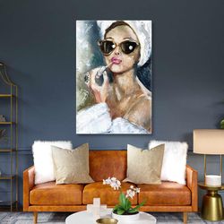 Beauty Model Wearing Pink Lipstick with Gold Glasses Roll Up Canvas, Stretched Canvas Art, Framed Wall Art Painting
