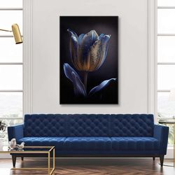 Blue Tulip Wall Art, Luxury Wall Decor, Flower Canvas Art, Roll Up Canvas, Stretched Canvas Art, Framed Wall Art Paintin