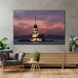 Bosphorus Maiden's Tower Night Light View Roll Up Canvas, Stretched Canvas Art, Framed Wall Art Painting-1