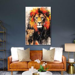 Charismatic Lion and Cute Tiger Paint Splashes Roll Up Canvas, Stretched Canvas Art, Framed Wall Art Painting