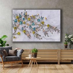 Colorful Flowering Cherry Tree Blossom Golden Birds Modern Decoration Roll Up Canvas, Stretched Canvas Art, Framed Wall