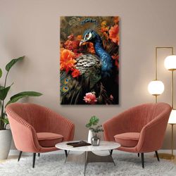 Blue Peacock Elegant Animal in Red Flowers Roll Up Canvas, Stretched Canvas Art, Framed Wall Art Painting