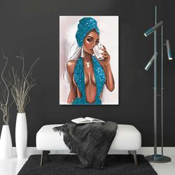 Coffee Wall Art, Sexy Woman Canvas Art, Gift For Her, Woman Wall Art, Roll Up Canvas, Stretched Canvas Art, Framed Wall