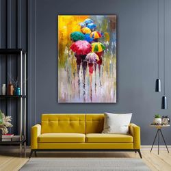 Colorful People With Umbrellas Oil Painting Abstract Roll Up Canvas, Stretched Canvas Art, Framed Wall Art Painting