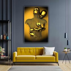 3D Look Gold Chain Metal Double Hearts Wrapping Together Love Roll Up Canvas, Stretched Canvas Art, Framed Wall Art Pain