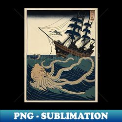 Giant Squid Attacking A Ship - Retro PNG Sublimation Digital Download - Capture Imagination with Every Detail