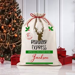 reindeer express santa sack, personalized santa sack, christmas treat gift bags, christmas santa sack for kids, custom s
