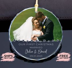 personalized married christmas glass ornament, christmas ornaments wedding photo, wedding ornament for couple