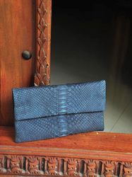 Genuine python skin blue jeans handmade clutch, classy elegant leather envelope bag, purse, flat snake leather clutch