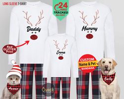 Personalised Family Christmas Pyjamas, Matching Christmas Reindeer Long Sleeve Tshirt, Xmas Couple Pajamas, Christmas Gi