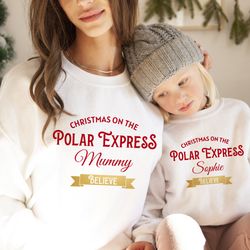Personalised Polar Express Family Christmas Jumper with names and gold foil believe detail  Matching Sweatshirt  Mum Dad