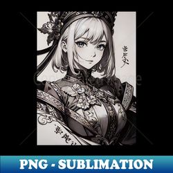Black and White Portrait of a Anime Girl in Traditional Attire - Elegant Sublimation PNG Download - Create with Confidence