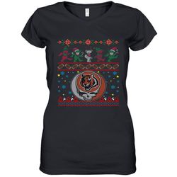 Cincinnati Bengals Christmas Grateful Dead Jingle Bears Football Ugly Sweatshirt Women&8217s V-Neck T-Shirt