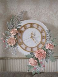 Large wall clock with 3D roses Birthday GIFT Shabby chic decor Wedding gift Silent wall clock for bedroom , girl's room