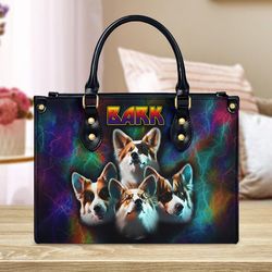 Bark Band Galaxy Hologram Back Handbag, Personalized Corgi Leather Handbag, Dog Handbag