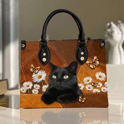 Cat Leather Handbag, Black Cat bag, Personalized Gift for Cat Lovers