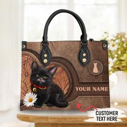 Cat Leather Handbag, Black Cat bag, Personalized Gift for Cat Lovers