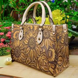 Floral Sunflower Leather Bag, Women  Floral Sunflower Leather Handbag, Crossbody Bag