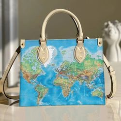 Globe World Map Handbag Leather handBag, Map Leather Bag, Travel handbag