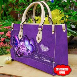 Personalized Butterfly Purple Leather Handbag, Women Butterfly Handbag, Custom Name Leather bag