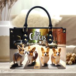 Personalized Corgi Leather Handbag, Dog Handbag, The Corgi On The Road Leather Bag