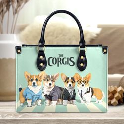 The Corgis Abbey Road Handbag, Personalized Corgi Leather Handbag, Dog Handbag